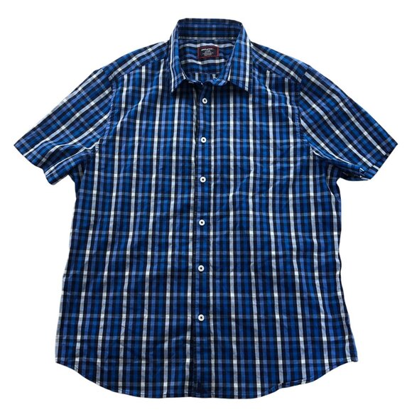 Untuckit Mens Shirt Large Short Sleeve Dark Blue Check Button Up Classic Casual - Picture 1 of 11